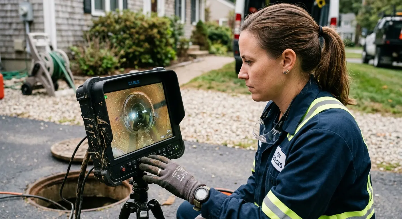 Technician reviewing sewer camera inspection footage in Anna
