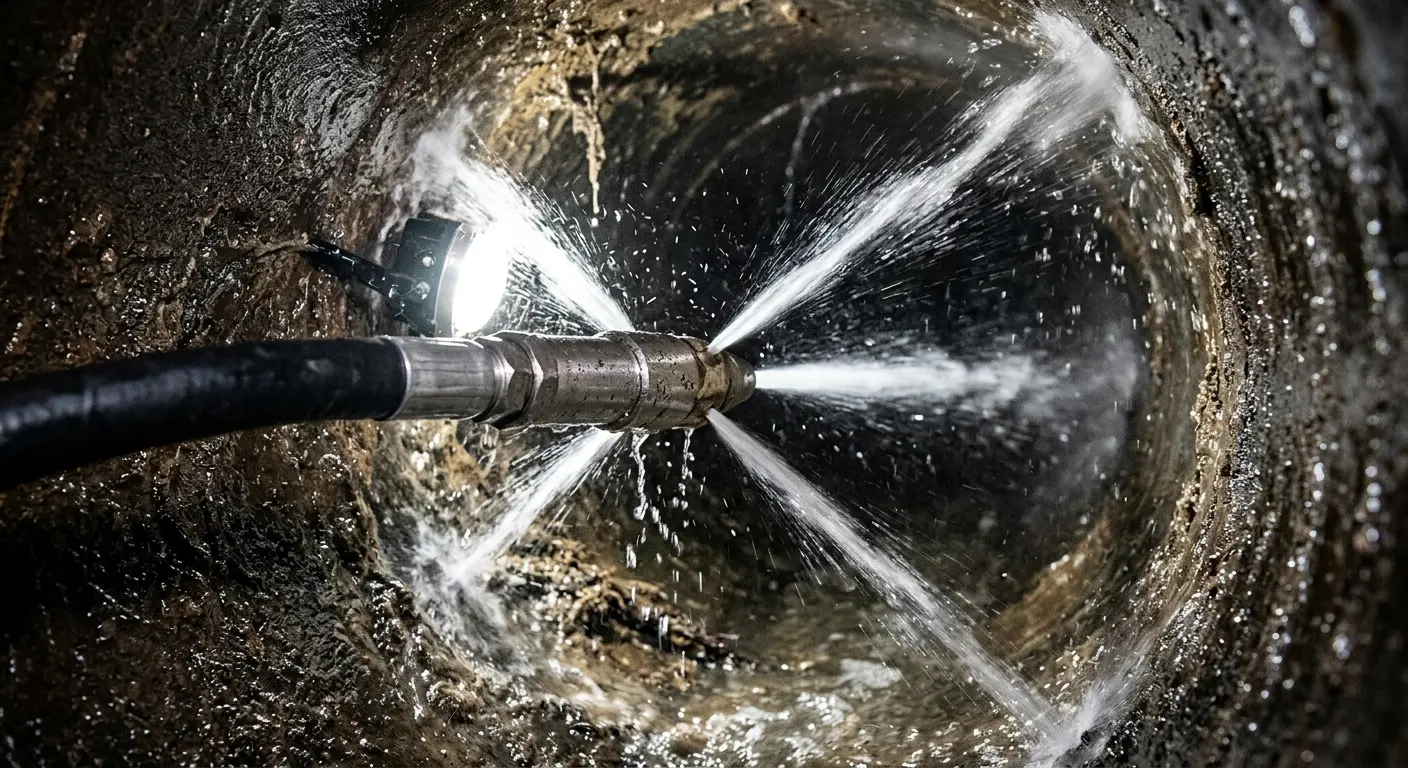 High-pressure hydro jetting nozzle cleaning sewer pipe for Emergency Drain Service in Anna