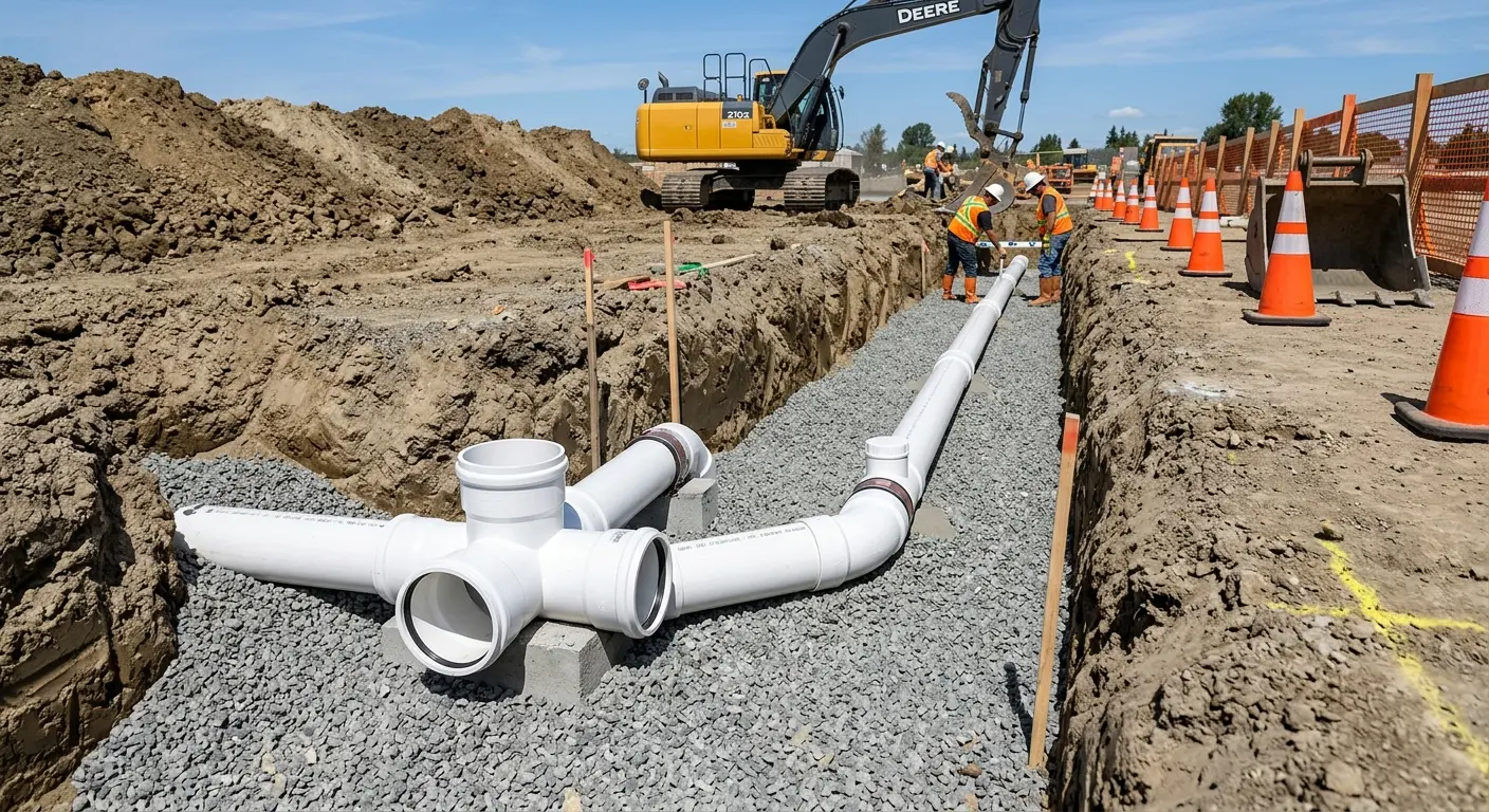 New PVC sewer pipe installation in open trench for Sewer Backup in Anna